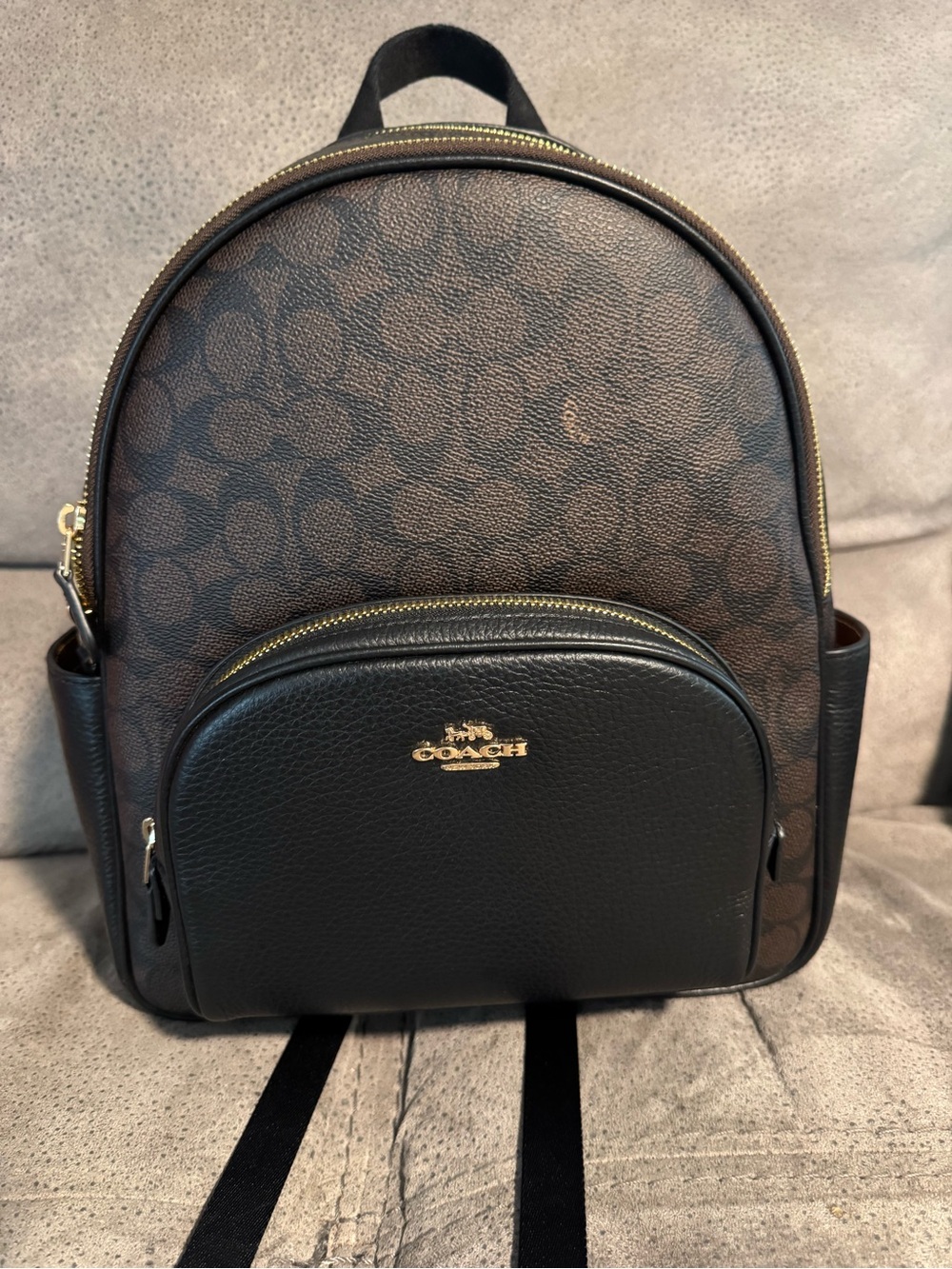 Coach Brown Signature Canvas Mini Backpack with Black Leather Trim
